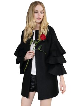 O Neck Vivid Ruffle Loose Trench Coat Black  