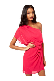 Oblique Pleated Chiffon Dress (Pink)  