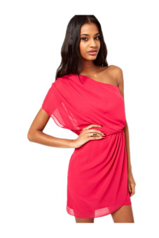 Oblique Strapless Pleated Chiffon Dress (Pink)  