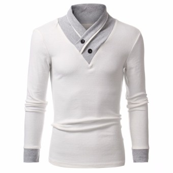 OEM Fashion Men V-Neck Long Sleeve Slim Solid Color Casual T-shirt -White  