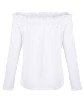 Off Shoulder Women Shirred Frill Casual Long Sleeve Blouse (White)  