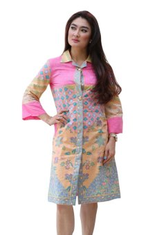 Oktovina-HouseOfBatik Midi Dress Kerah Batik Katun - Femme Batik DKKE-2B - Pink  