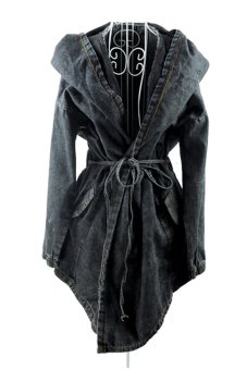 Outerwear Hooded Long Jeans Denim Trench Coat Jacket (Black)  