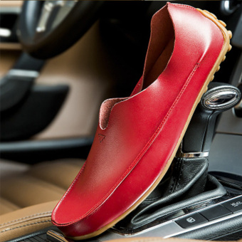 PINSV Flat Kulit Sepatu Kasual Pria Bernapas Loafers Mengenakan (Merah)  
