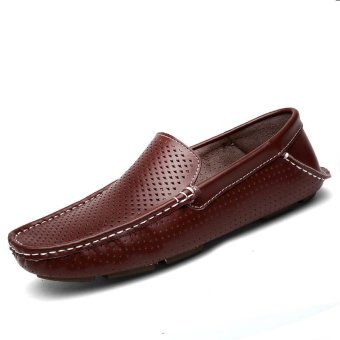 PINSV Genuine Leather Men's Flats Shoes Breathable Casual Loafers (Brown)  