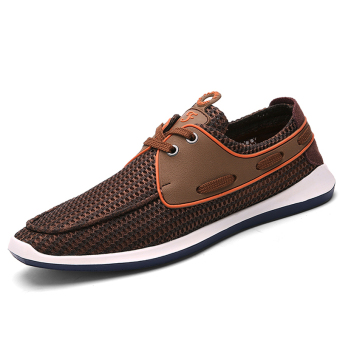 PINSV Mesh Men Flats Casual Shoes Breathable Boat Shoes (Brown)  