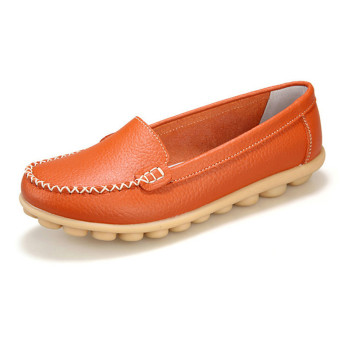 PINSV Women Leather Shoes Slip-on Moccasin Mom Anti-skid Loafers (Orange)  
