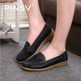 PINSV Women Leather Shoes Slip-on Moccasin Mom Shoes Anti-skid Loafers (Black) - intl  