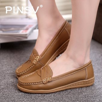 PINSV Women Leather Shoes Slip-on Moccasin Mom Shoes Anti-skid Loafers (Khaki) - intl  