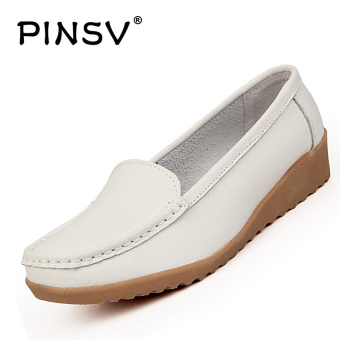 PINSV Women Leather Shoes Slip-on Moccasin Mom Shoes Anti-skid Loafers (White) - intl  