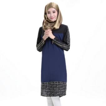 Plaid Splicing Zipper Decor Muslim Midi Dress (Navy blue) (Intl)  