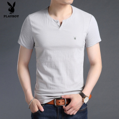 PLAYBOY kasual kapas laki-laki lengan pendek musim panas warna solid kemeja t-shirt