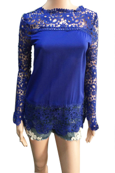 Plus Size Women's Chiffon Lace Crochet Hollow Out Long Sleeve Shirt Blouse Blue Size 3XL  