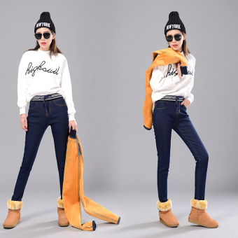 Plus Velvet Thickening Elastic Waist Jeans Slim Women Were Thin High Waist Small Feet Pencil Jeans Trousers Blue - intl  