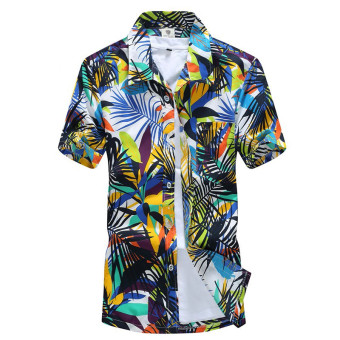 Podom Men Summer Casual Hawaiian Beach Button Floral Print Short Sleeve Holiday Party Shirt Tee Top T-shirt Leaves Printed - Intl  