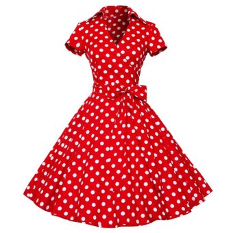 Polka Dot Printed Dress Big Hem With Belt--TC  