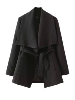 Polo Neck Solid Color Fashion Coat with Sash Black  