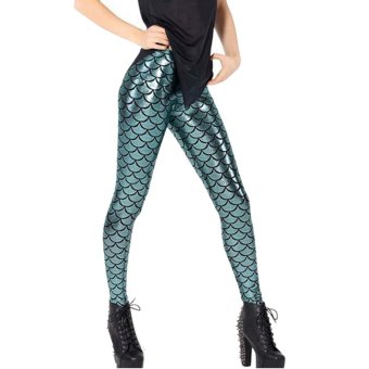 Pop Women Fish Scale Mermaid Print Shine Slim Fit Disco Leggings Trousers Blue 56cm - intl  