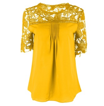 Pretty European Fashion Hollowing Stitching Lace Short-sleeved Chiffon Tshirts(Collor:Yellow) - intl  