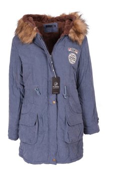 Promithi Winter Hooded Fur Collar Padded Long Coat Jacket Blue  