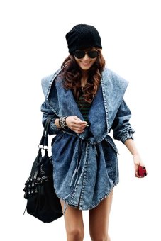 Promithi Women Loose X-Large Nipped Waist Jeans Coat Korean Version batwing-sleeved Wind CoatJeans Blue  