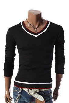 Pure Color Fashion V-neck Long Sleeve T-shirts Black  