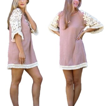 Qiaosha ZANZEA Fashion Ladies Lace Half Sleeve Loose Hollow Out Khaki Shirt Mini Chiffon Dress - intl  