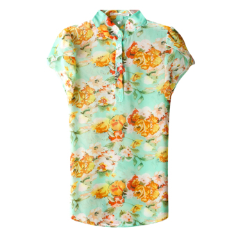 Queen Short-sleeved Shirt Slim Chiffon Flowers(Orange+Blue) - Intl  