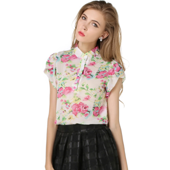 Queen Short-sleeved Shirt Slim Chiffon Flowers(Rose Red+White) - Intl  