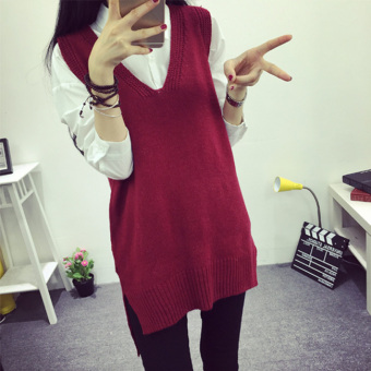 Red Real Shot Autumn and Winter Fashion Casual New Pattern Ladies Knitted Vest Vest Long Sweater Loose Knit V Collar Pullover Women's Sweater Coat - intl  