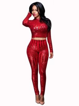Relaxlama Women's New Sequins Long Sleeve Long Trousers Jumpsuit Playsuit Party Wear Romper Red N269 - intl  