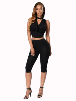 Relaxlama Women's V-neck Shawl Collar Two-pieces Sets Pants Jumpsuit Black N243 - intl  