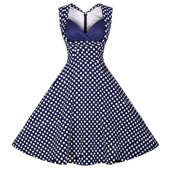 Retro Polka Dot Print Dress Sleeveless Big Hem V-neck (Blue) - intl  