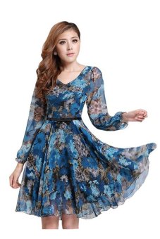 RetroWomens Elegant V Neck Floral Chiffon Ruffled Hem Slim OL Long Sleeve Dress (Size:M)  