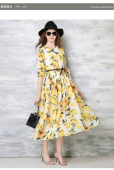 robe longue femme ete 2016 Women Summer Casual Yellow Floral Print Empire Swing Midi Dress Chiffon Sundress - intl  