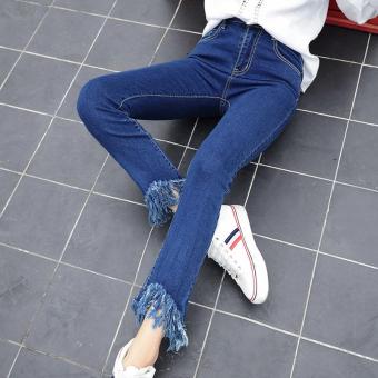 Roselady 2017 Spring High Waist Ladies Denim Flannel Tassel Fuselage Slim Lacquered Pants High Elastic Pants ?Blue? - intl  