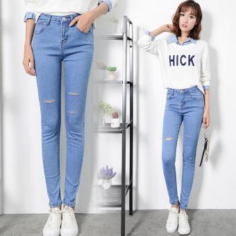 Roselady 2017 Spring New Korea High Waist Jeans Fashion Ankle Length Skinny Pants Straight Super Stretch Slim Jeans?light blue? - intl  