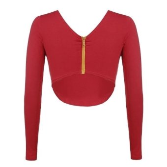 Round Collar Curved Hem Midriff Long Sleeve T Shirt S-L (Red) - intl  