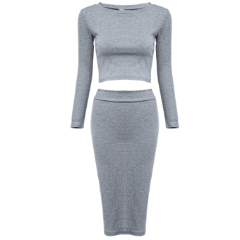 Round Collar Long Sleeve Two Pieces Knitted Sheathy Dress(Light gray) - intl  