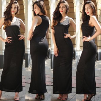Round Neck Sleeveless Sexy Vest Dress Tight Open Fork Solid Color Maxi Dress Plus Size(G) - intl  