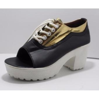 sandal heel wanita - hitam gold  