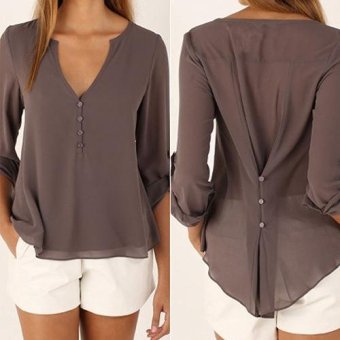 Sanwood Women Deep V Neck Buttoned Back High Low Asymmetric Loose Casual Blouse Shirt XL (Coffee) - intl  