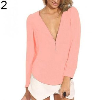 Sanwood Women's Fashion Casual V Neck Long Sleeve Zipper Sexy Tops Chiffon Blouses S (Pink) - intl  