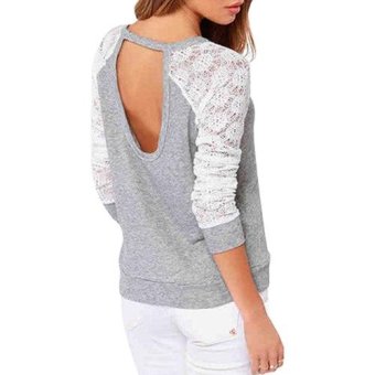 Sanwood Women's Long Sleeve Sexy Lace T-Shirt Backless Embroidery Knitted Tops Pullover M (Grey) - intl  