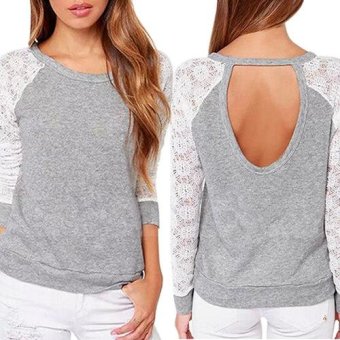 Sanwood Women's Long Sleeve Sexy Lace T-Shirt Backless Embroidery Knitted Tops Pullover XL (Grey) - intl  