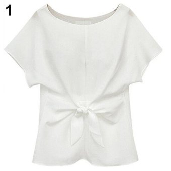 Sanwood Women's Oversized Short Sleeve Crewneck Tie Front Bow Chiffon Blouse Tops Shirt L (White) - intl  