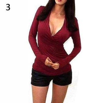 Sanwood Women's Sexy Fashion Slim Fit Deep V-Neck Top Long Sleeve Shirt Casual Blouse L (Wine Red) - intl  