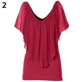 Sanwood Women's Sexy V Neck T-shirt Short Sleeve Chiffon Patchwork Casual Tops M (Red) - intl  