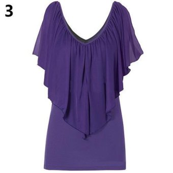Sanwood Women's Sexy V Neck T-shirt Short Sleeve Chiffon Patchwork Casual Tops XL (Purple) - intl  
