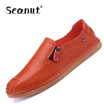 Seanut New Genuine Leather Men Flat Shoes Casual Shoes Soft Men Loafers Comfortable Driving Shoes(Orange) - intl  